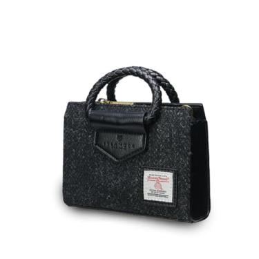 Imagem de Islander Bolsa Mini Arran com alça removível feita de Harris Tweed e couro de microfibra, Espinha de peixe preta