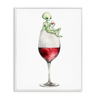 Imagem de Stupell Industries Alien empoleirado em vidro de vinho branco emoldurado, arte giclée, design por Lil' Rue, 40,6 x 50,8 cm