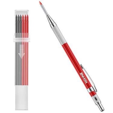 Imagem de Enhon Conjunto de lápis de carpinteiro mecânico de 2 mm com 12 refis e apontadores de marcação, ferramenta de marcação de madeira sólida com furo profundo, ponta de agulha estendida para uso em trabalhos (preto, vermelho)