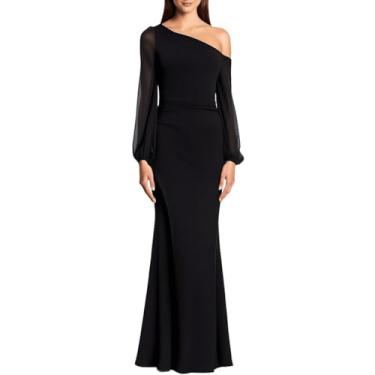 Imagem de Betsy & Adam Vestido longo feminino com manga de fora e ombro a ombro, Preto, 48