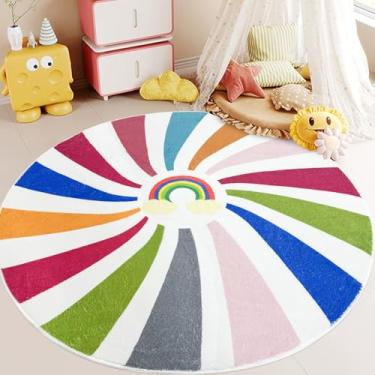 Imagem de USTIDE Tapete de arco-íris redondo de 1,5 m, tapete macio, design de doces, para quarto de crianças, tapetes modernos para quarto, sala de jogos, berçário, decoração de milho (colorido, 160 x 160 cm)