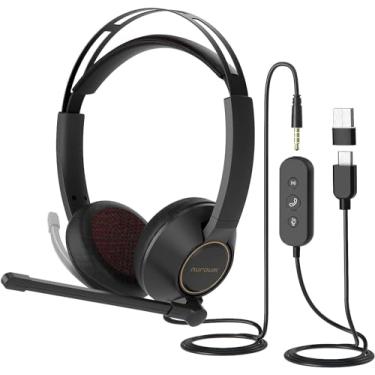 Imagem de NUROUM HP11DU Fone de ouvido com fio, fones de ouvido dual-ear (estéreo) com microfone com cancelamento de ruído, fone de ouvido de computador intra-auricular com controle em linha, USB/Tipo-C, fone
