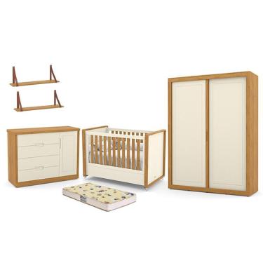 Imagem de Dormitório Tutto New 2 Portas, Cômoda 1 Porta, Berço com Colchão D18 e Prateleiras - Matic Móveis Off White/Freijó