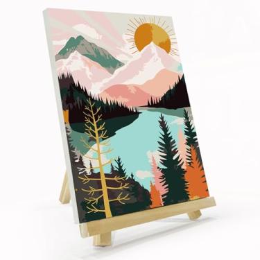 Imagem de JOOZ Kit de pintura de montanha por números para adultos com moldura, pintura do pôr do sol da montanha por número com cavalete, kit de pintura a óleo de paisagem acrílica fácil DIY tela emoldurada