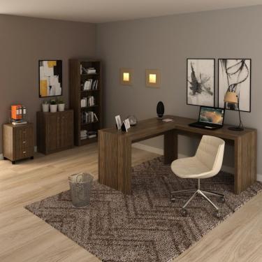 Imagem de Conjunto Home Office 4 Peças Com 1 Mesa Em L 1 Balcão 1 Gaveteiro 1 Estante Espresso Móveis Nogal