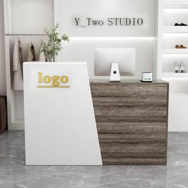 Imagem de Sala de recepção em forma de L, moderna balcão de checkout de varejo moderno com gaveta e armário de armazenamento, estação de trabalho de computadores para o escritório do lobby de salão, p