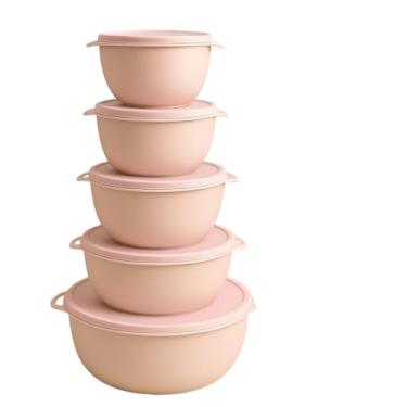 Imagem de Kit 5 Potes Plastico Redondos Bowl Livre Bpa, Vasilhas 3 tamanhos, Tapoer com tampa Hermética(Bege)