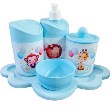 Imagem de Kit Higiene Baby Safari Menino e Menina c/bandeja em MDF (NUVEM AZUL/AZUL, Leão/Macaco/Girafa - Balões)