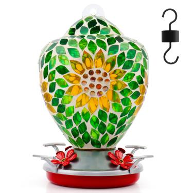 Imagem de VOREEN Alimentador de beija-flor de mosaico de vidro, 1000 ml com fosso de formiga e 4 portas de alimentação, alimentador de pássaros pendurado ao ar livre de vidro soprado à mão, decoração de quintal