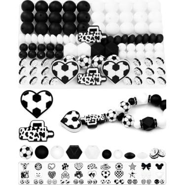 Imagem de 102 peças FIVEIZERO contas de silicone focais pretas e brancas para fabricação de chaveiros – contas espaçadoras de futebol, redondo, lentilha, hexágono e strass para canetas, pulseiras e artesanato