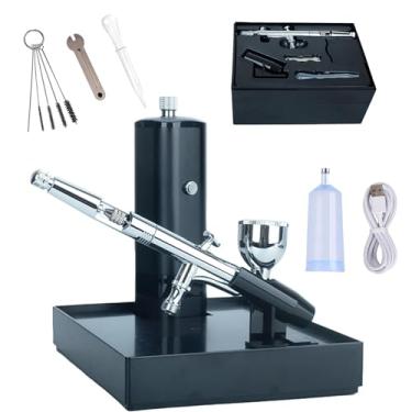 Imagem de Kit de aerógrafo sem fio com suporte de escova de ar substituível alimentado por bateria portátil mini compressor de escova de ar para barbeiro, unha, bolo, miniatura