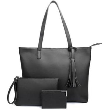 Imagem de Kit Bolsa Feminina Couro Sintético Sacola Grande Alça de Ombro Necessaire e Porta Cartão Slim-Feminino