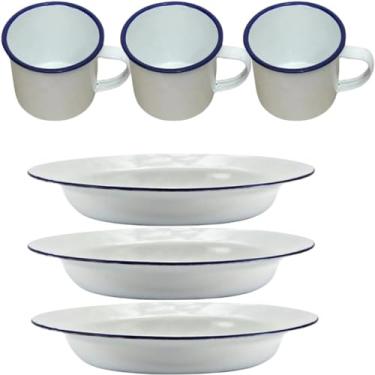 Imagem de Prato e Caneca Esmaltado Branco Kit Esmalte 3 pratos 3 canecas, 2 pratos 2 canecas, 1 prato 1 canecas Retro café chá (3, Branco Liso)
