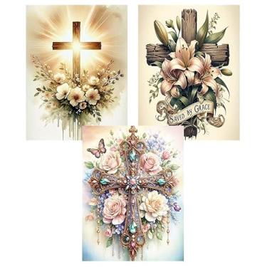 Imagem de EIBEILI Pacote com 3 kits de arte de diamante cruzado para adultos - pinturas de diamante 5D para iniciantes, flores faça-você-mesmo redondas com pontos de broca, kits de pintura de arte para