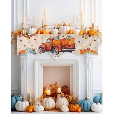 Imagem de Lenço de cornija de caminhão de colheita de outono para lareira 177,8 x 43,2 cm Happy Fall Pumpkins Maple Leaf Lareira Manto Manto Capa de Lenço Retro Laranja Ombre Lareira Cachecol Top Runner para