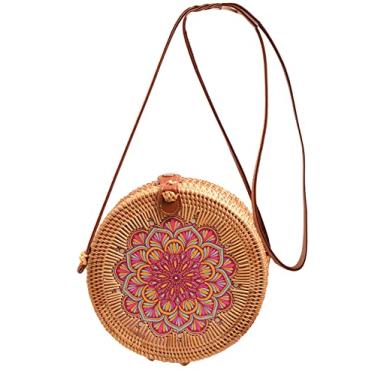 Imagem de SHAREYOIU Bolsas de ombro redondas de vime estampadas à mão estilo praia tropical natural chique com alça de couro, 22, Big，7.87x 3.2 inch