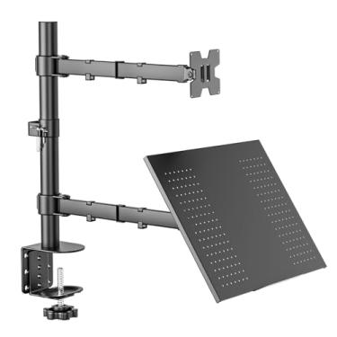 Imagem de Suporte Articulado para Monitor e Notebook – Braço Ajustável com Bandeja para Notebook até 17", Monitores de 13'' a 32'', Suporte para Monitor Duplo com Ergonômico com Organização de Cabos – Preto