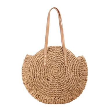 Imagem de SHAREYOIU Bolsa feminina redonda de palha, bolsa de ombro, bolsa de praia com alça superior, N° 1 cáqui grande