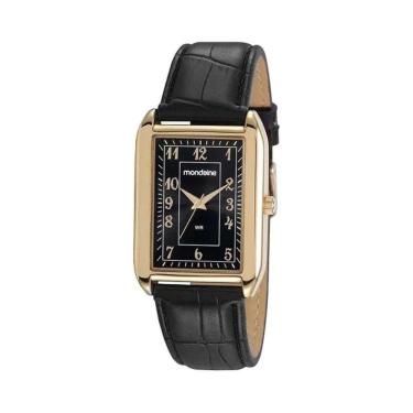 Imagem de Relogio Masculino Dourado Quadrado Preto Pulseira Couro