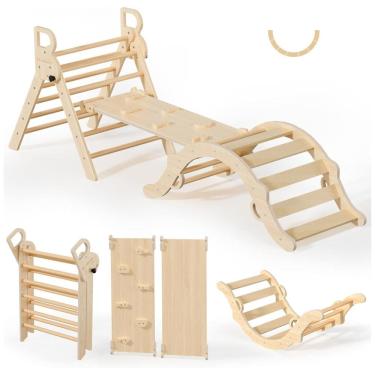Imagem de Conjunto BlueWood Pikler Triangle: Brinquedo de Escalada de Madeira para Crianças, Montessori 7 em 1, Design Exclusivo e Sustentável