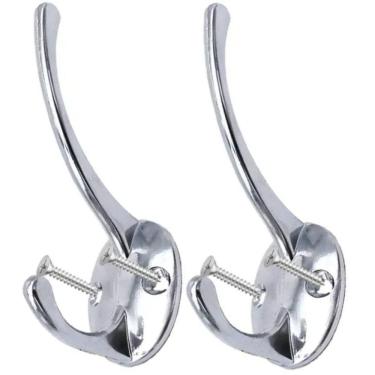 Imagem de 2 Ganchos Duplo Cabide Parede Metal Toalha Banheiro Parafuso