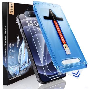 Imagem de MAGIC JOHN Pacote com 2 películas de vidro temperado para iPhone 12/iPhone 12 Pro de 6,1 polegadas, instalação automática de eliminação de poeira, sem bolhas, HD transparente,