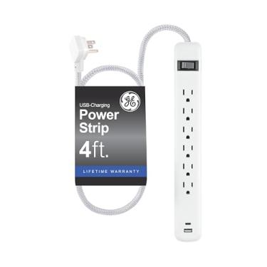 Imagem de GE Régua de alimentação de 6 saídas com USB, 1 porta USB-A e 1 USB-C, cabo de extensão trançado de 1,2 m, disjuntor, montagem na parede, certificado ETL, branco, 85706