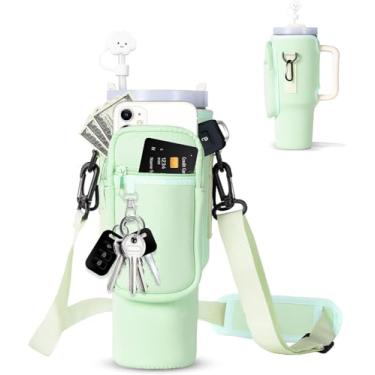 Imagem de Bolsa dabria Para transporte de garrafa e copo de água Stanley 887 ml/1,18 L com bolso para celular, de neoprene, com alça ajustável, tampa para canudo e mosquetão para acessórios de copo Stanley