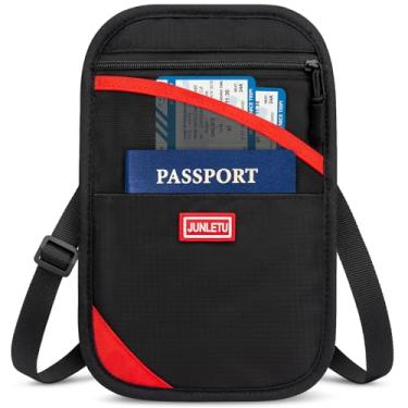 Imagem de BKNOOU Porta-passaporte para viagem, bolsa de pescoço com bloqueio RFID, carteira leve para passaporte com alça, organizador de documentos de viagem antifurto, bolsa de viagem para mulheres e homens