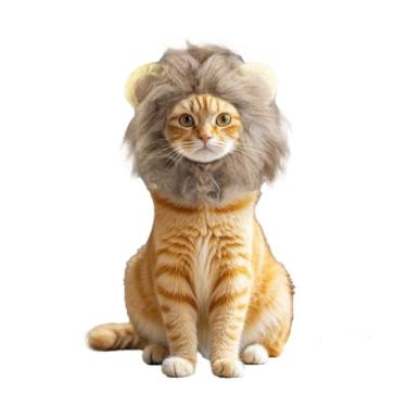 Imagem de Conjunto de 2 peças de peruca de juba de leão de gato – fantasias de gato de Halloween | Fantasia de leão de estimação lavável ajustável para o Natal, Páscoa, festas (marrom, roxo)