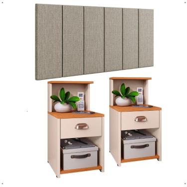 Imagem de Kit 2 Mesinhas Cléo Retrô Nicho Gaveta Puxador Lauren Cabeceira Suspensa Modular Júlia Box Casal 1,40 Quarto - RPM
