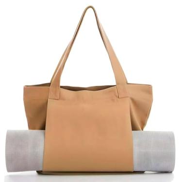 Imagem de Bolsa feminina grande para tapete de ioga, bolsa de lona portátil, bolsa de lona bege com suporte de tapete de ioga para pilates, ombro, viagem, escritório, praia, treino