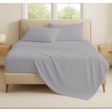 Imagem de 600 fios 100% algodão egípcio penteado macio, conjunto de 4 peças, tecido de cetim macio e macio, lençóis de cama extra macios, lençóis refrescantes, bolso profundo (Queen, cinza claro)
