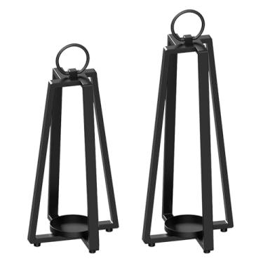Imagem de Smtyle Lanternas de vela de metal preto decorativas para ambientes internos e externos, conjunto de 2 para sala de estar, pátio, cozinha, quarto, escadas e eventos
