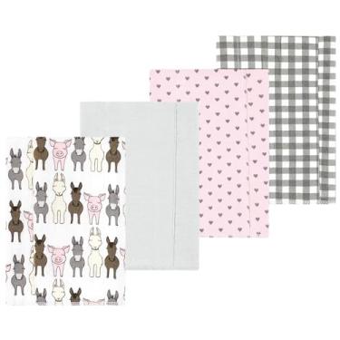 Imagem de Luvable Friends Hudson Baby Conjunto de 4 panos de flanela para arrotos, Barn Pals Pink, 14x20 inches