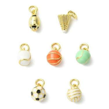 Imagem de DanLingJewelry 7 pingentes coloridos esmaltados de basquete, rúgbi, futebol, vôlei, tênis, mini bola esportiva, esmaltado, pingentes de latão para fazer joias, faça você mesmo