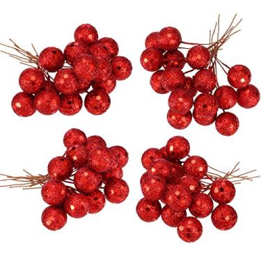 Imagem de BBTO Frutas de azevinho artificiais, 100 peças, mini 10 mm, decoração de bagas falsas em arame para decoração de árvore de Natal, guirlanda de flores, faça você mesmo, uso artesanal (lantejoulas