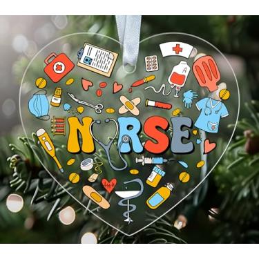 Imagem de Ornamento de enfermeira médica acrílico - design em forma de coração com ícones de cuidados de saúde máscara estetoscópio seringa ambulância - decoração de Natal lembrança para enfermeiras