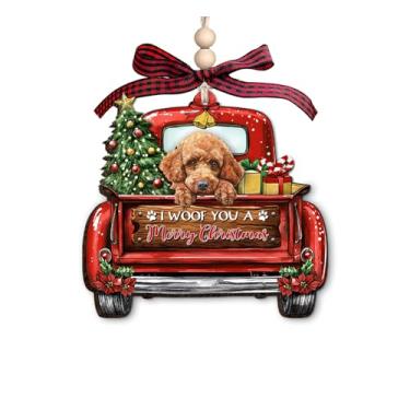 Imagem de Enfeite de Natal de madeira Poodle - Decoração de Natal de caminhão vermelho com presentes de árvore de Natal e citação I Woof You A Merry Christmas - Ornamento de Natal rústico para amantes de cães