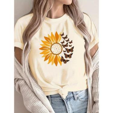 Imagem de Camiseta Feminina T-shirt Floral Girassol Borboleta 100% Algodão Premi