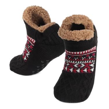 Imagem de Greenery-GRE Meias masculinas térmicas forradas com lã com sola antiderrapante, quente no inverno, de malha grossa, botas aconchegantes de lã para uso interno, Preto, 7-9