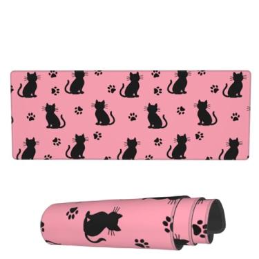 Imagem de Mouse pad estendido para jogos de gatos pretos rosa fofo grande 80 x 29 cm GG grande tapete de mesa com base antiderrapante e bordas costuradas para jogos em casa, escritório