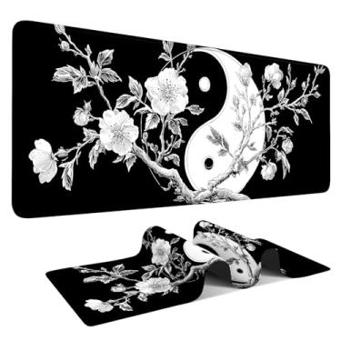Imagem de Mouse pad estendido Yin Yang Cherry Blossom GG 80 x 30 cm – Tapete de mesa floral preto e branco inspirado no zen – Base de borracha antiderrapante, bordas costuradas – Ideal para jogos e escritório
