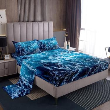 Imagem de Conjunto de lençóis de cama Erosebridal Blue Waves King Size com 2 fro