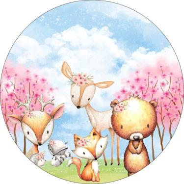 Imagem de Painel de Tecido Sublimado Redondo Animais Aquarela Nuvens Azuis Flore