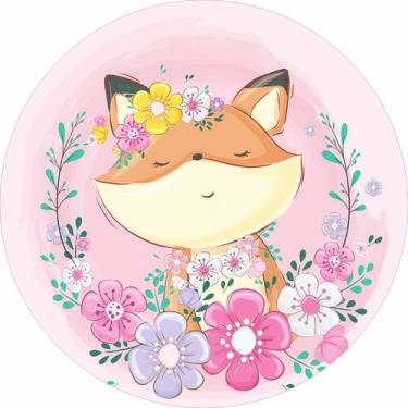 Imagem de Painel de Tecido Sublimado Redondo Raposinha Aquarela Flores Cute c/ E