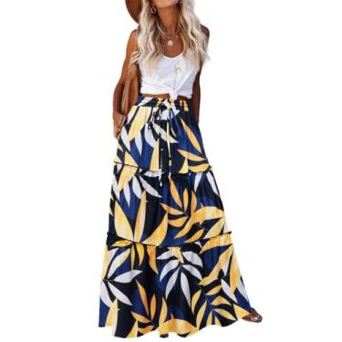 Imagem de Saia feminina Zeagoo floral boho azul longa com bolsos tamanho S