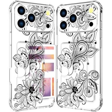 Imagem de ENDIY Compatível com capa para telefone 17 Pro, porta-cartões para mulheres, design fofo, capas de telefone tipo carteira transparente e legal Kawaii protetora (flor de henna preta clara)