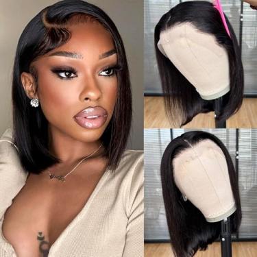 Imagem de RunM Bob Peruca de cabelo humano 25,4 cm 13 x 4 HD peruca frontal com 150% de densidade para mulheres, sem cola, bob, sem cola, cabelo humano preto natural (25,4 cm)