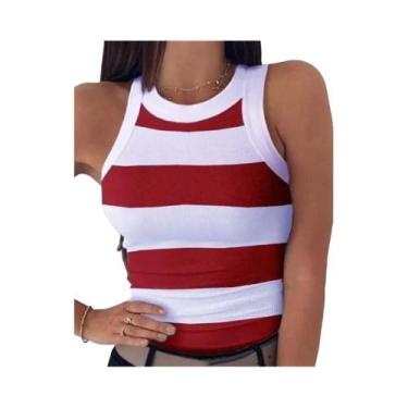 Imagem de Camiseta Regata Feminina Sem Mangas Com Estampa Listrada, Decote Redon